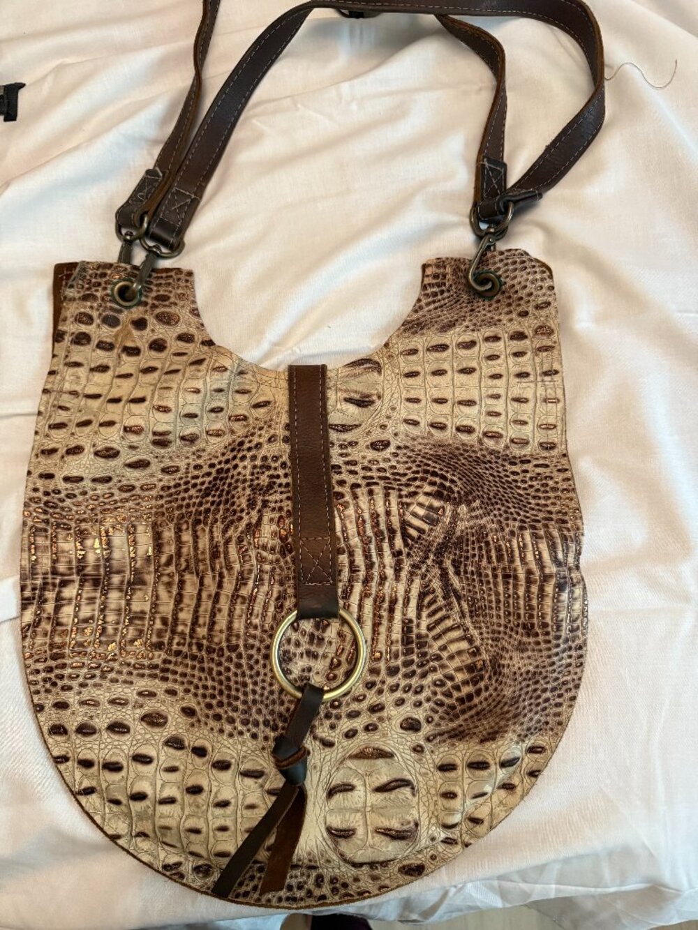 Boutique Genuine Leather Croc Embossed Hobo Shoulder Bag Brown Boho